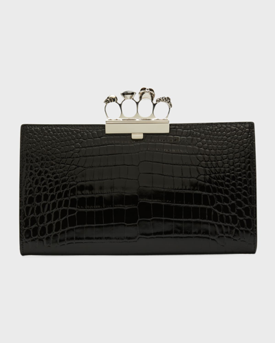 Shop Alexander Mcqueen Shiny Croc-embossed Flat Knuckle Clutch Bag In 1000 Black