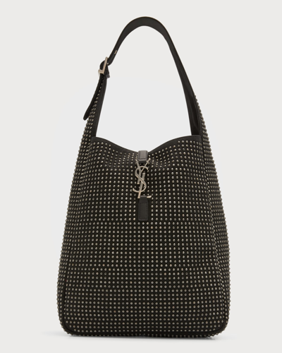 Shop Saint Laurent Le 5a7 Allover Crystal Canvas North-south Hobo Bag In Nero
