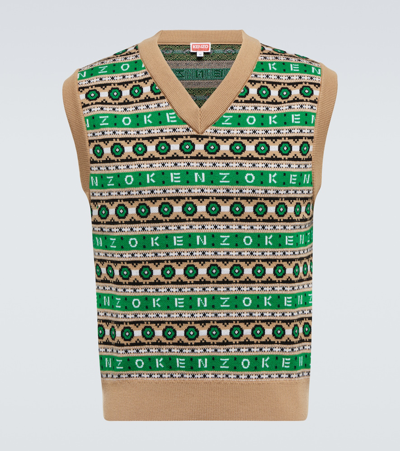 Shop Kenzo Jacquard Wool Sweater Vest In Grass Green