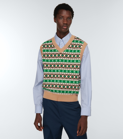 Shop Kenzo Jacquard Wool Sweater Vest In Grass Green