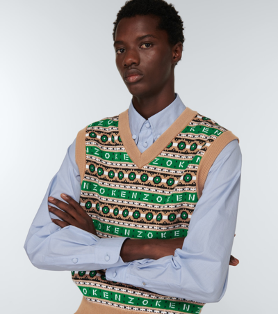 Shop Kenzo Jacquard Wool Sweater Vest In Grass Green