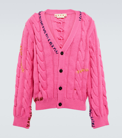 Shop Marni Cable-knit Wool Cardigan In Fuchsia Fluo