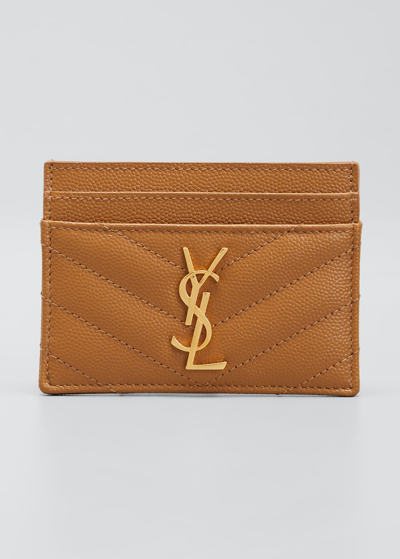 Shop Saint Laurent Ysl Grain De Poudre Leather Card Case, Golden Hardware In Naturel Dark