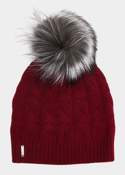 Shop Gorski Cashmere Cable-knit Beanie With Fur Pompom In Burgundy / Silver