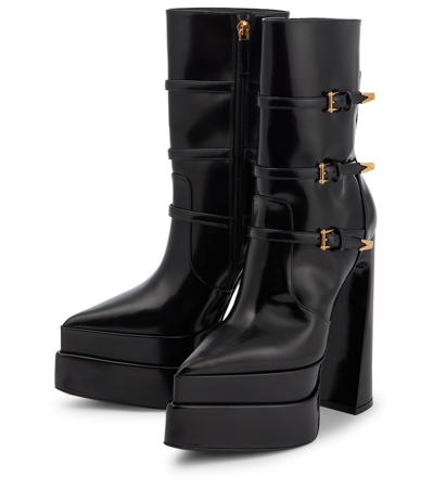 Shop Versace Aevitas Pointy Leather Ankle Boots In Nero-oro