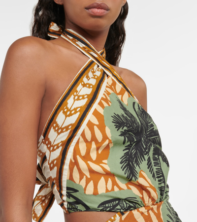 Johanna Ortiz Reminders Of Paradise Printed Cotton-poplin Halterneck Mini Dress In Toile Chocolate/greenery