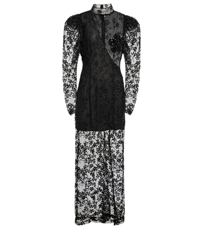 Shop Rotate Birger Christensen High-neck Floral Mesh Midi Dress In Black