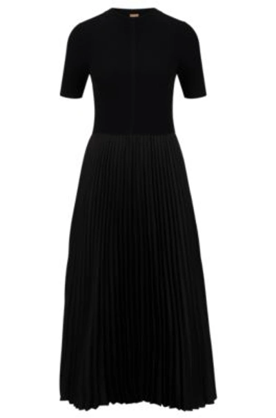 Shop Hugo Boss Short-sleeved Dress With Knitted Top And Plissé Skirt In Black