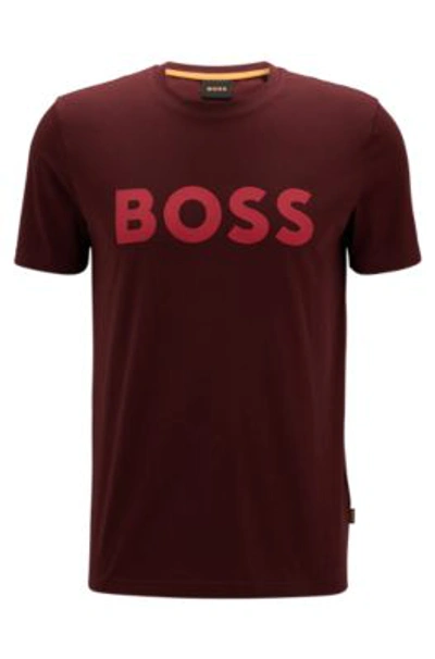 Shop Hugo Boss Cotton-jersey T-shirt With Rubber-print Logo In Dark Red