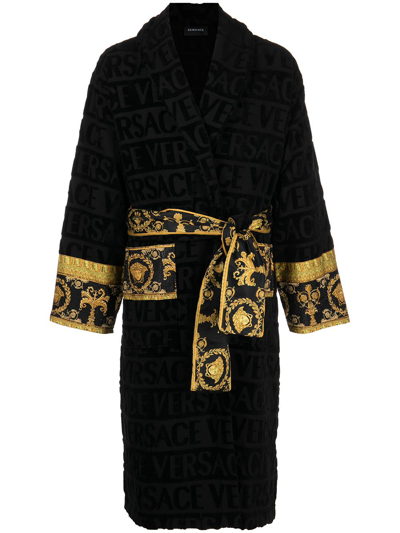Versace Barocco-print Logo-jacquard Robe In Black | ModeSens