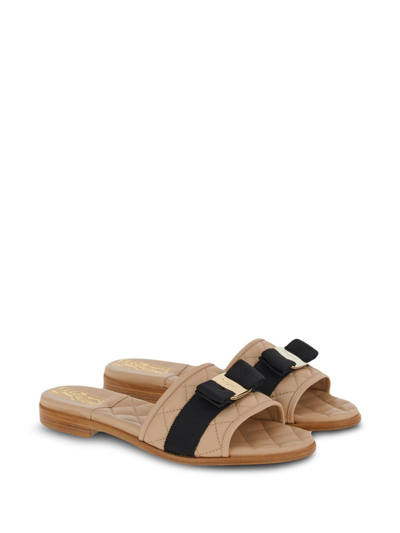 Shop Ferragamo Vara Bow Quilted Slides In Neutrals