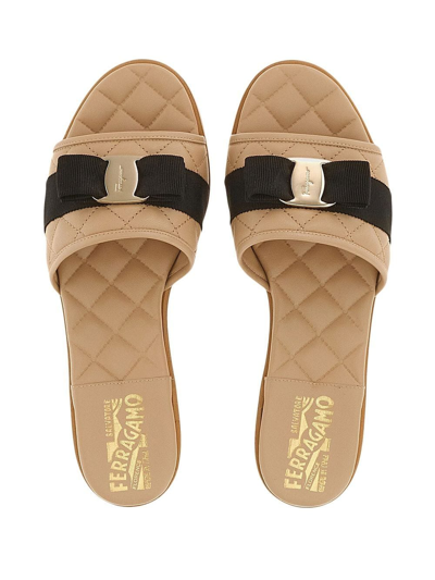 Shop Ferragamo Vara Bow Quilted Slides In Neutrals