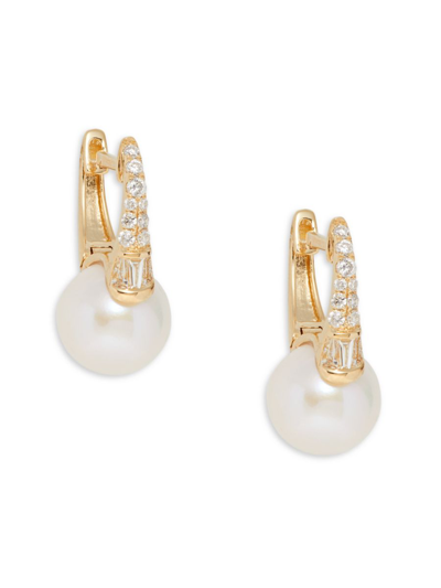 Effy Women's 14k Yellow Gold, 9mm Round Freshwater Pearl & Diamond Huggie Earrings In Yellow Gold