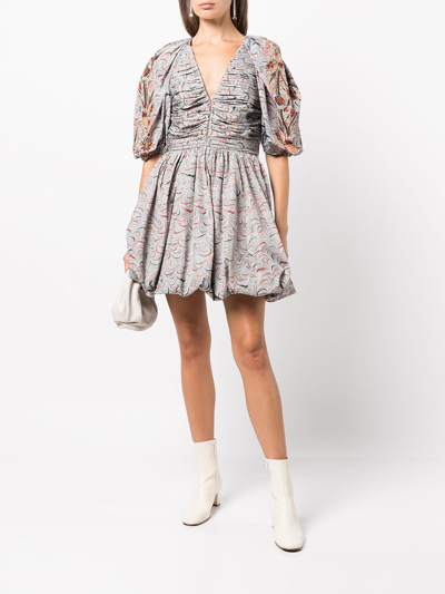 Shop Ulla Johnson Marbled Puff-sleeve Ruched Dress In Chalcedony