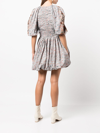 Shop Ulla Johnson Marbled Puff-sleeve Ruched Dress In Chalcedony