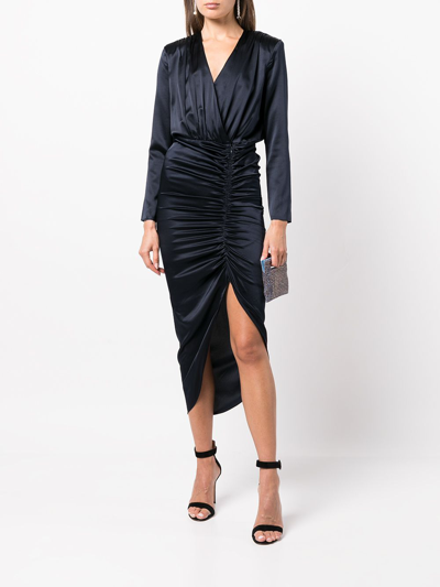 Shop Veronica Beard Cameri Ruched Long-sleeve Midi Dress In Navy