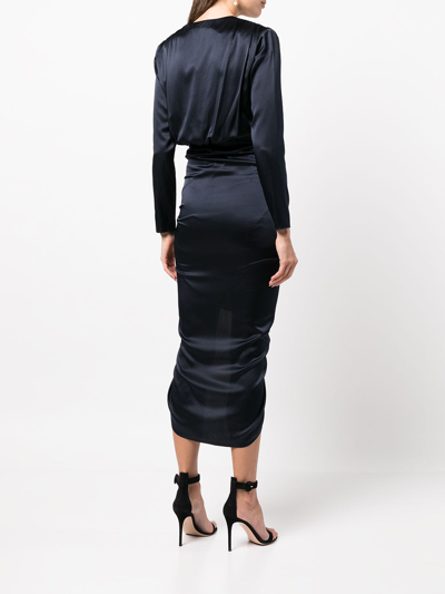 Shop Veronica Beard Cameri Ruched Long-sleeve Midi Dress In Navy