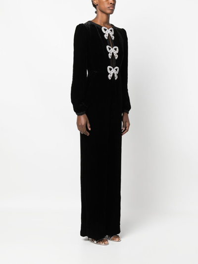 Shop Saloni Bow-detail Velvet Effect Jumpsuit In Black