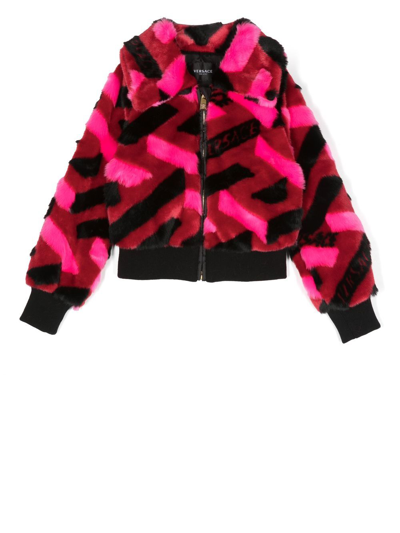 Shop Versace Geometric-pattern Faux-fur Jacket In Red