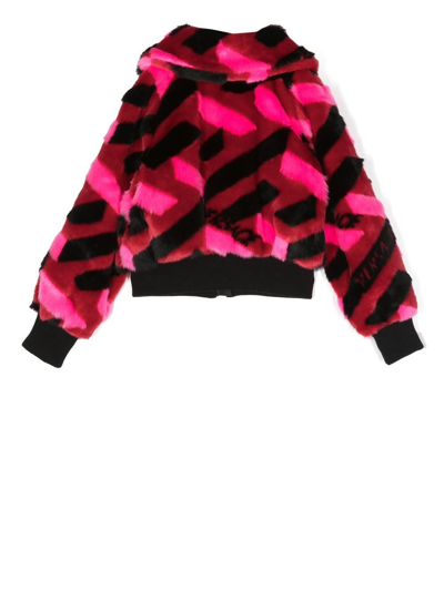 Shop Versace Geometric-pattern Faux-fur Jacket In Red
