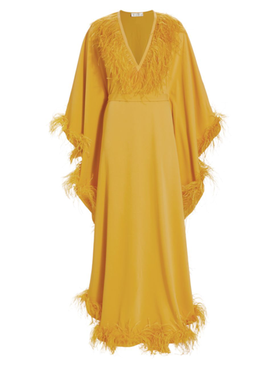 Shop Zuhair Murad Women's Cady V-neck Feather Trim Long-sleeve Gown In Yellow