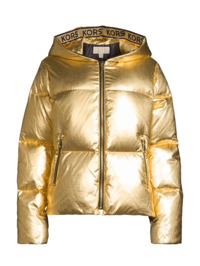 Michael Michael Kors Women's Logo Tape Metallic Puffer Jacket In Gold |  ModeSens