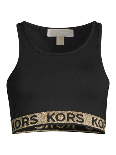 Shop Michael Michael Kors Women's Glitter Logo Tape Sports Bra In Black Gold