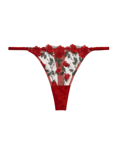 Shop Fleur Du Mal Women's Roses And Thorns Embroidery Thong In Rouge