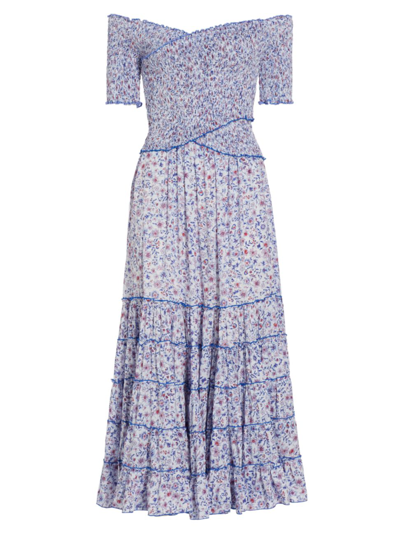 Shop Poupette St Barth Women's Soledad Floral V-neck Midi-dress In Blue Magnolia