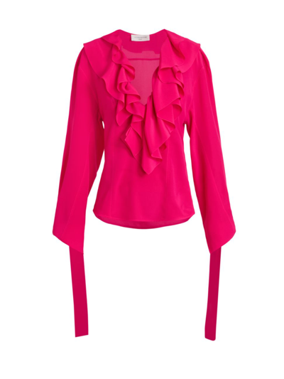 Shop Victoria Beckham Women's Ruffled V-neck Silk Blouse In Fuchsia