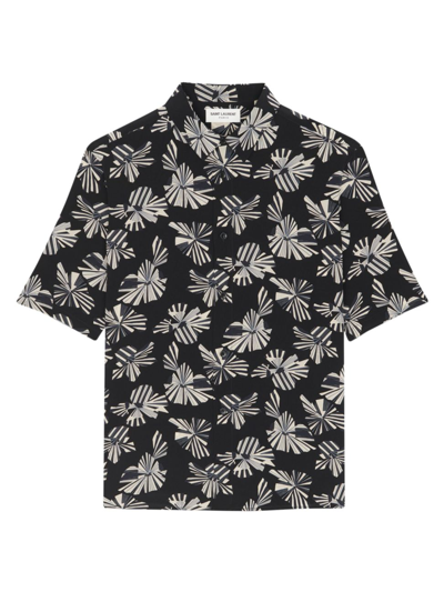 Shop Saint Laurent Men's Printed Silk Short-sleeve Shirt In Noir Craie Gris