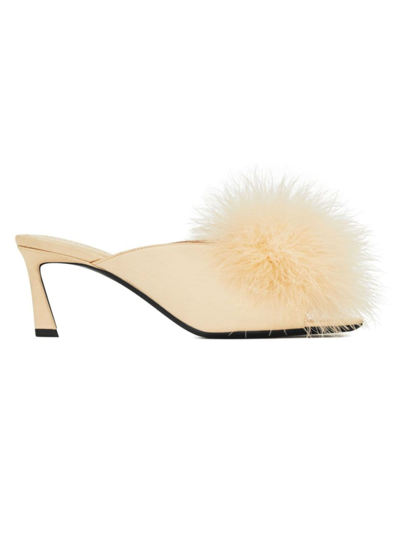 Shop Saint Laurent Women's Mae Mules In Crepe Satin With Feathers In Beige