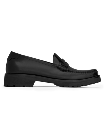 Shop Saint Laurent Women's Le Loafers Monogram Penny Slippers In Smooth Leather In Nero