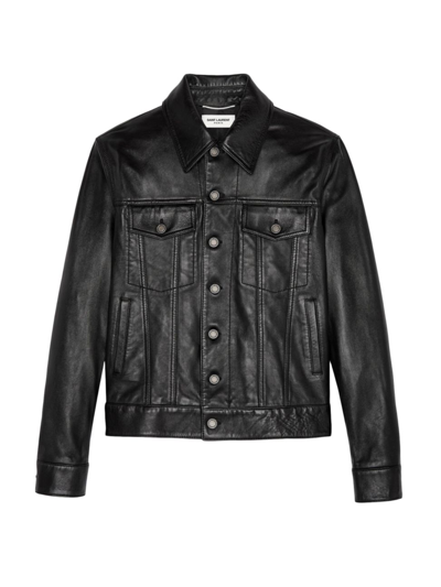 Shop Saint Laurent Men's Lambskin Denim Jacket In Black