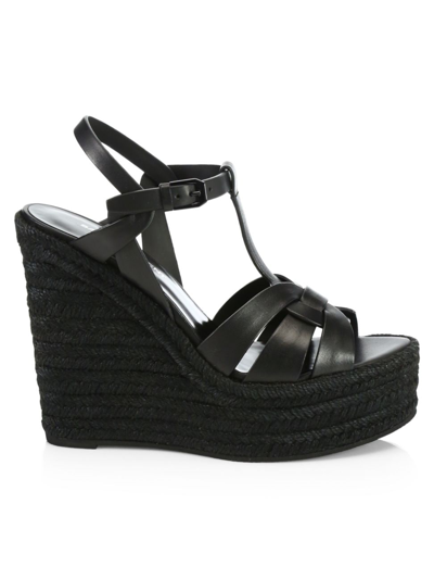 Shop Saint Laurent Women's Tribute Leather Espadrille Wedge Sandals In Black