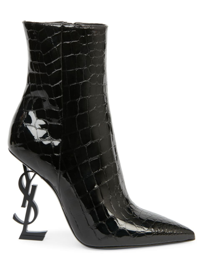 Shop Saint Laurent Women's Opyum Croc-embossed Leather Booties In Black