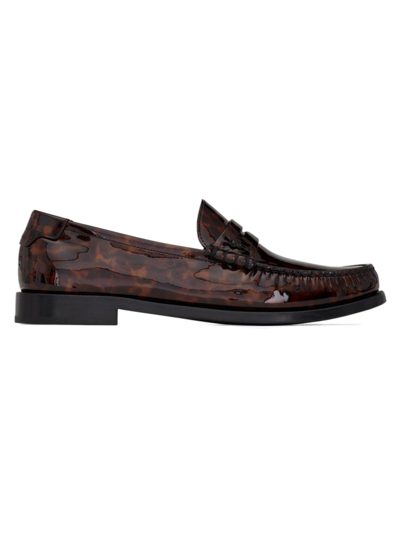 Shop Saint Laurent Women's Le Loafer Monogram Penny Slippers In Tortoise Shell Patent Leather In Manto Naturale