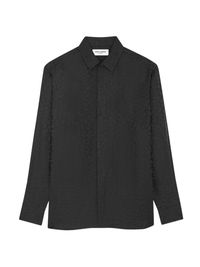 Shop Saint Laurent Men's Yves Collar Classic Shirt In Matte And Shiny Silk In Noir