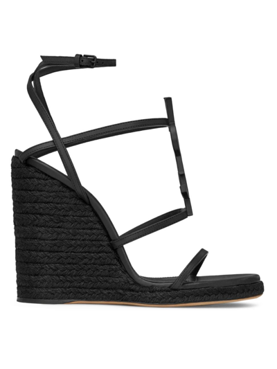 Shop Saint Laurent Women's Cassandra Wedge Espadrilles In Leather With Black Monogram In Nero