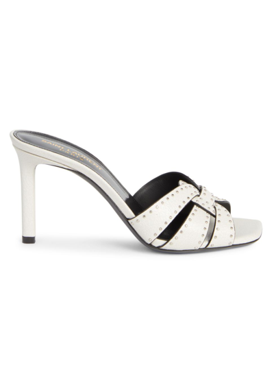 Shop Saint Laurent Women's Tribute Studded Leather Stiletto Sandals In White