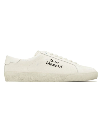 Shop Saint Laurent Women's Court Classic Sl/06 Embroidered Sneakers In Canvas And Leather In Panna