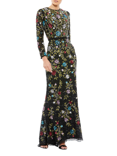 Shop Mac Duggal Women's Long-sleeve Floral Embellished Gown In Black Multi