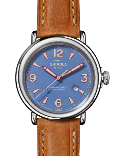 Shop Shinola Men's Runwell Automatic Jim Thorpe Leather Strap Watch In Dusty Blue