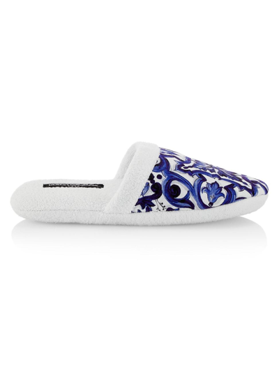 Shop Dolce & Gabbana Women's Tile-print Terry Slippers In Medium Blue