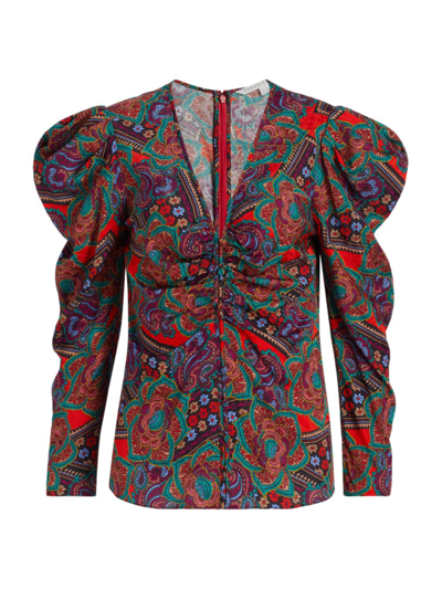 Shop Veronica Beard Women's Simmons Printed Silk-blend Puff-sleeve Top In Flame Red Multi