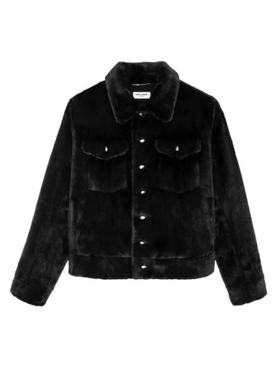 Shop Saint Laurent Women's Denim Jacket In Animal-free Fur In Noir