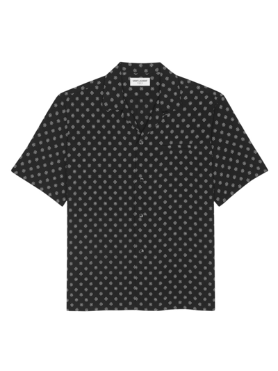 Shop Saint Laurent Men's Shark-collar Shirt In Dotted Viscose In Noir Craie