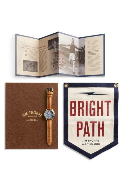 Shop Shinola Jim Thorpe Great American Series Runwell Automatic Leather Strap Watch, 45mm In Dusty Blue