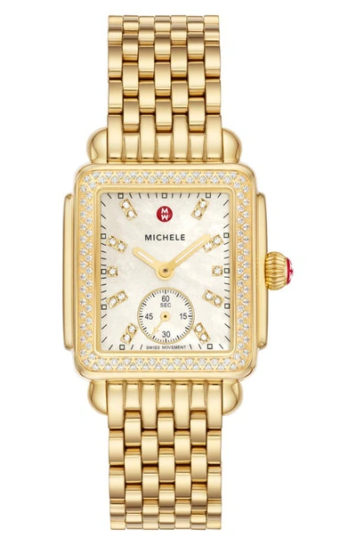 Shop Michele Deco Mid Diamond Bracelet Watch, 29mm In Gold