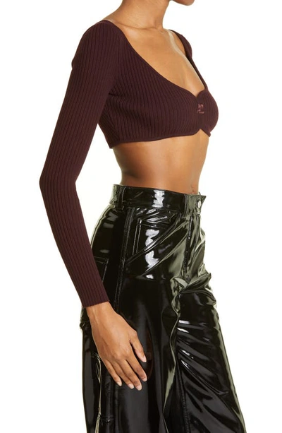 Shop Courrèges Swallow Embroidered Logo Ribbed Crop Sweater In Burgundy